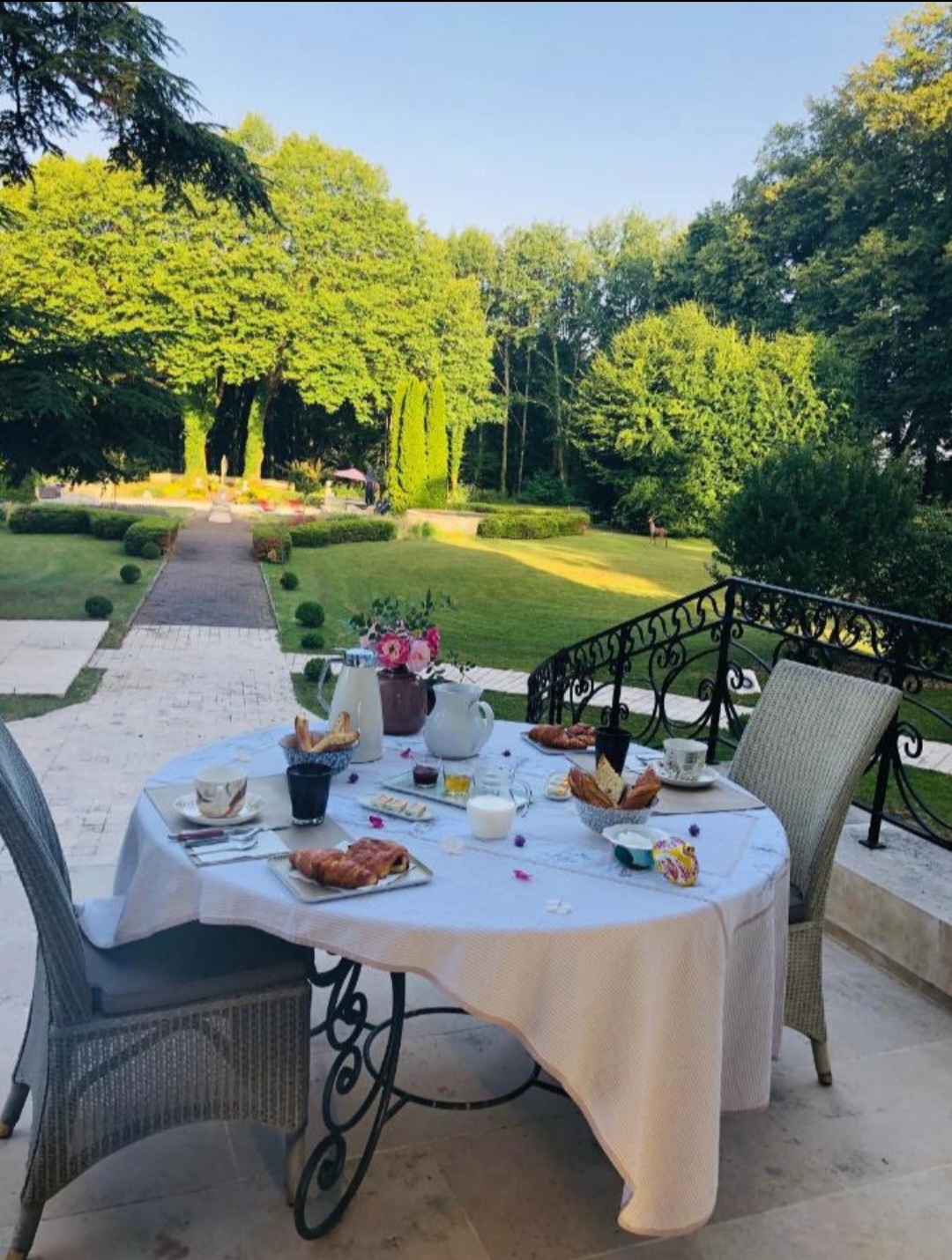 table du petit déjeuner en extérieur avec vue sur le parc